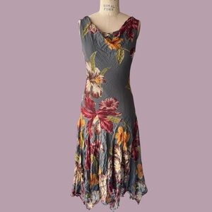 Vintage 90s Asymmetrical Beaded Cowl Neck Floral Hibiscus Print Dress